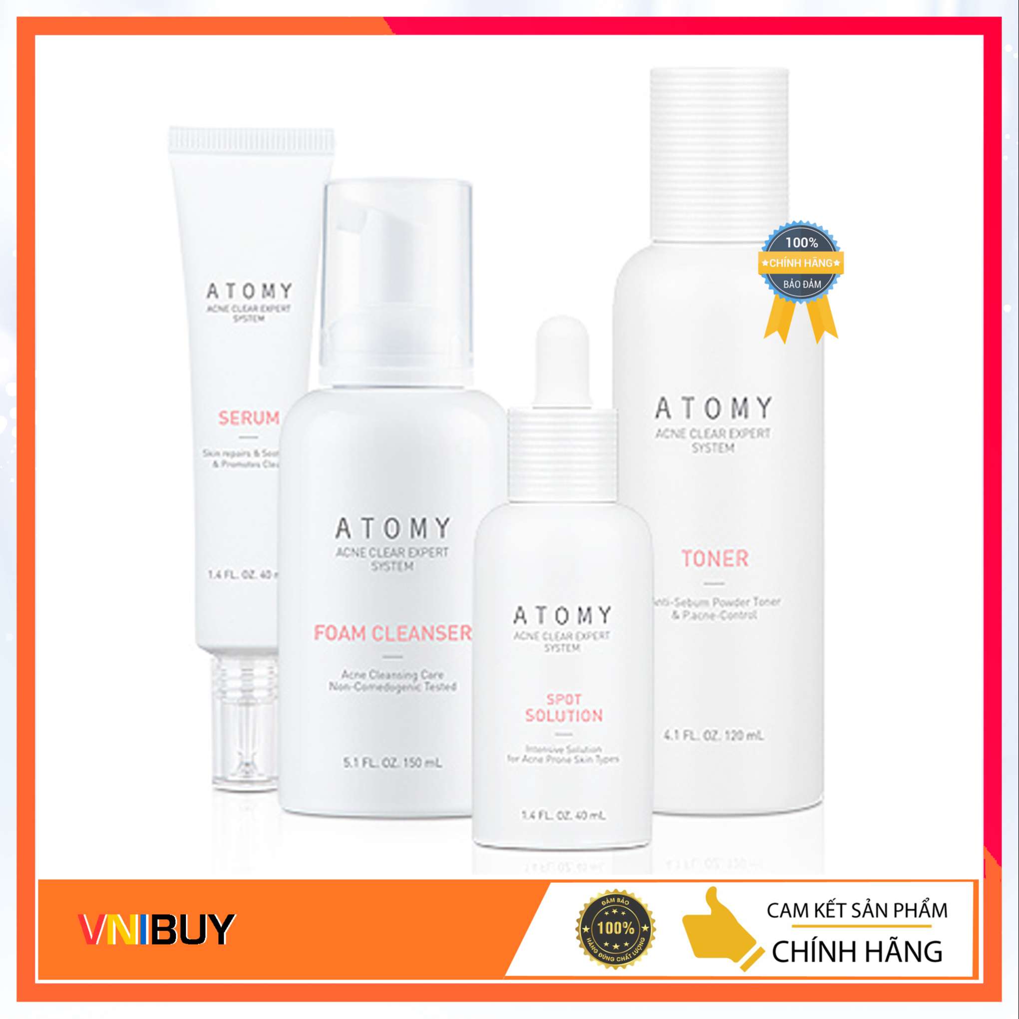Bộ mỹ phẩm chăm sóc da mụn dành cho Nam và Nữ Atomy Acne Clear Expert System Hàn Quốc, Sữa rửa mặt, Nước hoa hồng, Tinh chất trị mụn, Serum tái tạo da