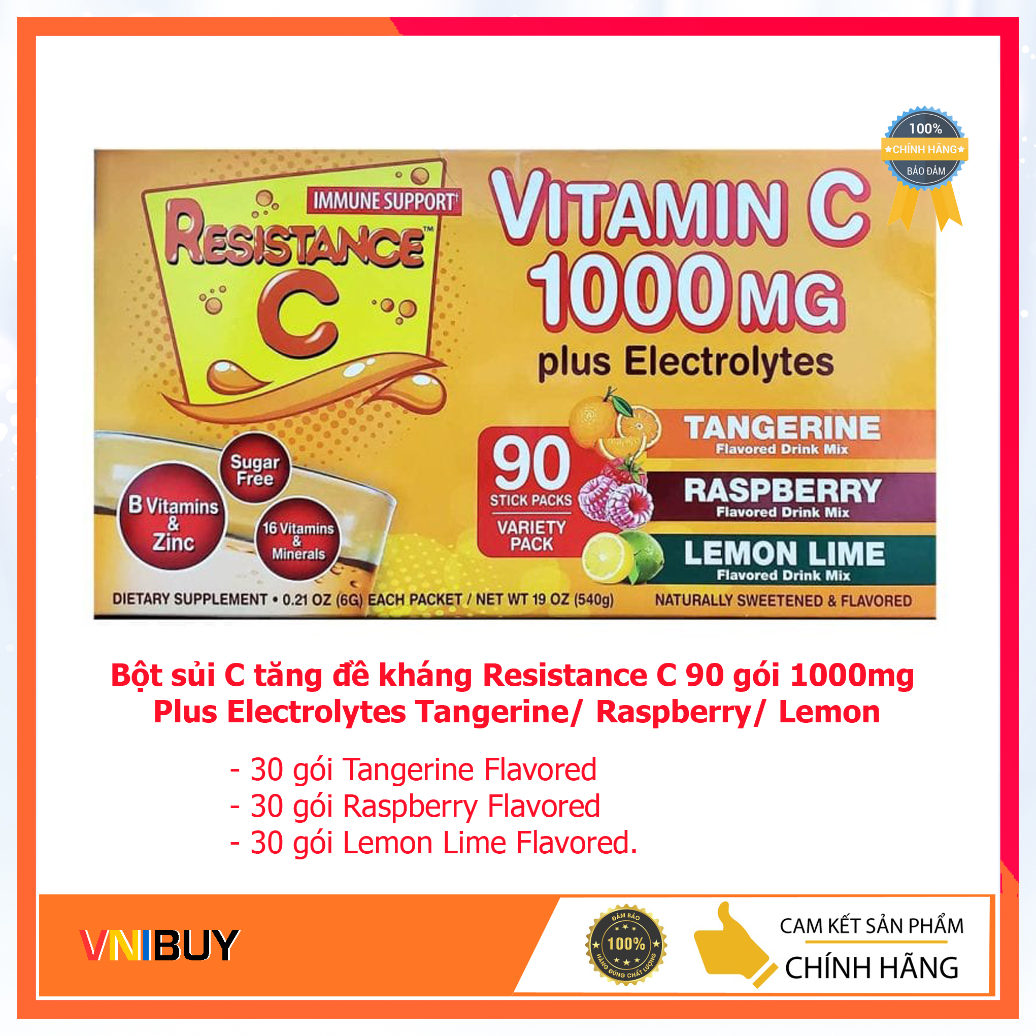 Bột sủi Vitamin C tăng đề kháng Resistance C 90 gói 1000mg Plus Electrolytes của Mỹ