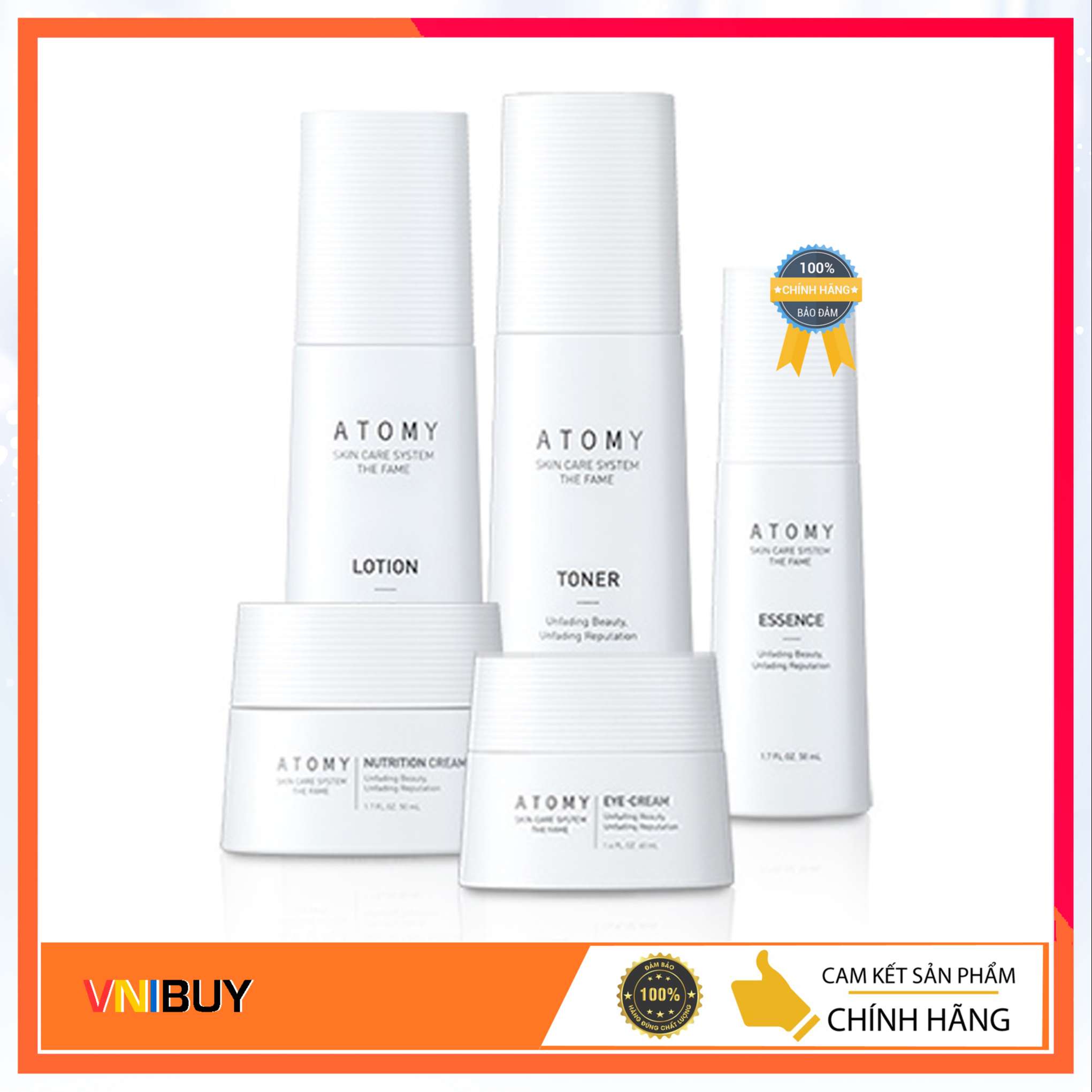 Bộ mỹ phẩm 5 chăm sóc làm trắng da Skin Care System THE FAME Hàn Quốc gồm Nước hoa hồng 150ml, Tái tạo da 50ml, Dưỡng ẩm 135ml, Thâm quầng mắt 40ml, Chống lão hóa và trắng da 50ml